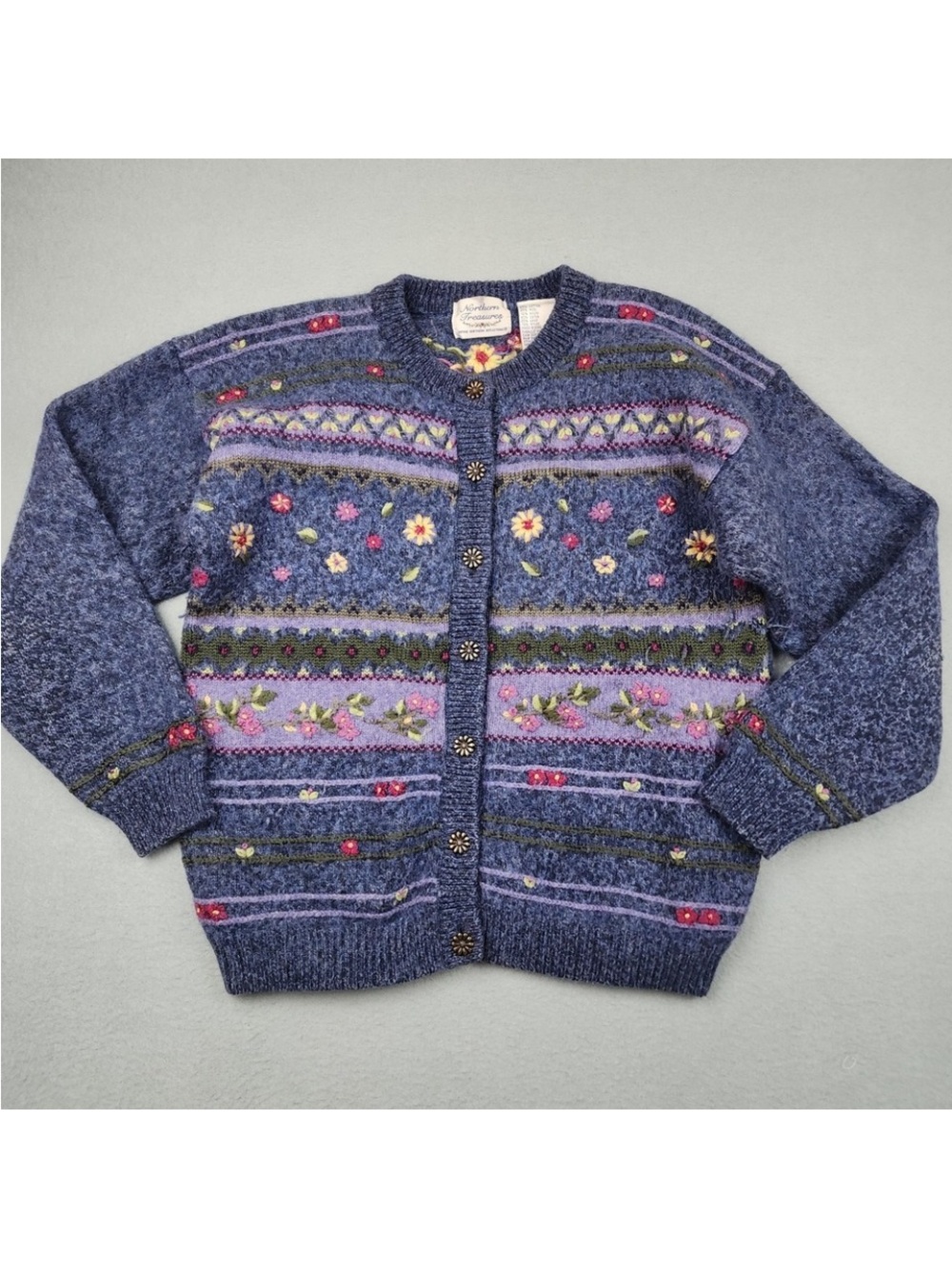 Blue Floral Embroidered Crewneck Cardigan Sweater